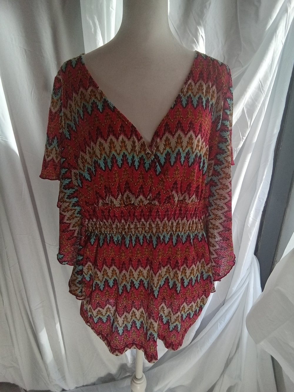 NY Collection Red Multicolor Zigzag V-Neck Blouse 1X